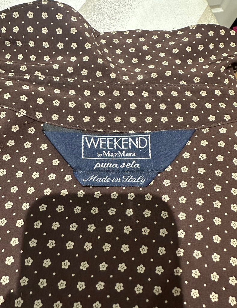 WEEKEND BY MAXMARA Brown Cream Pure Silk Floral Print Short Sleeve Shirt Dress M