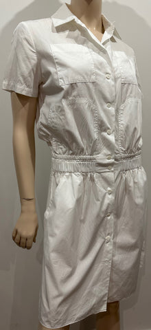 ACNE Pale Blue Navy Cotton Silk Geometric Pattern Short Sleeve Mini Jumper Dress