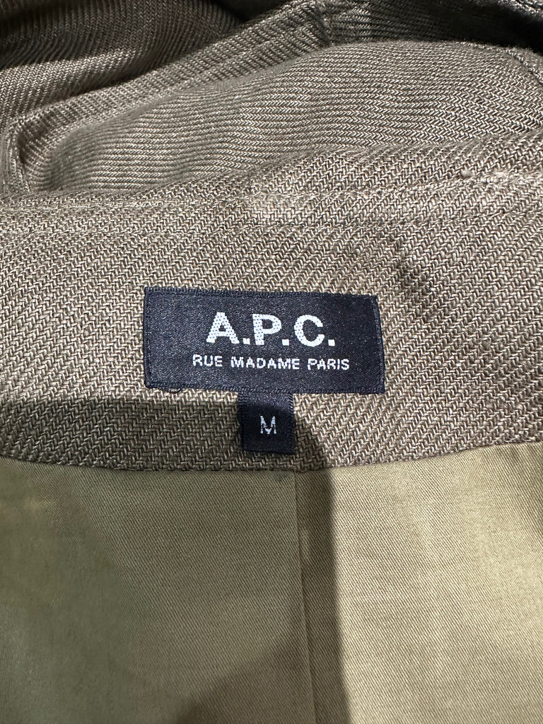 APC RUE MADAME PARIS Khaki Green 100% Linen Hooded Lined Jacket Coat M