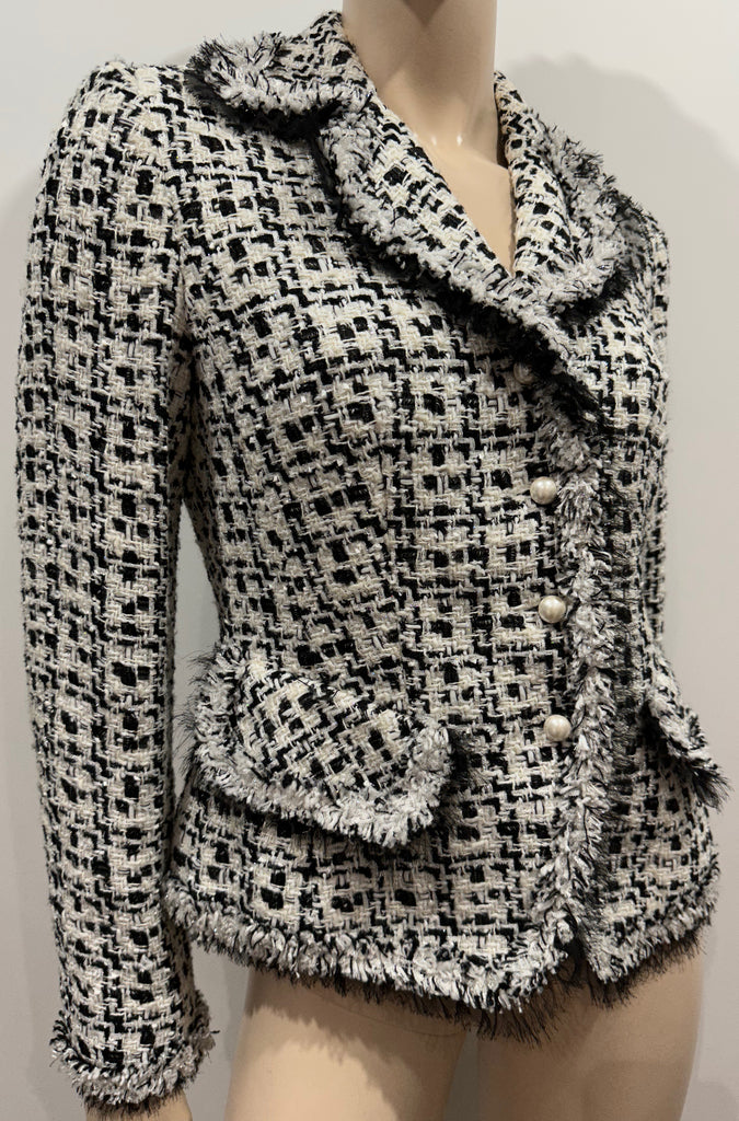 AE ELEGANCE PARIS Black & White Abstract Tweed Lined Blazer Jacket F40 GB12