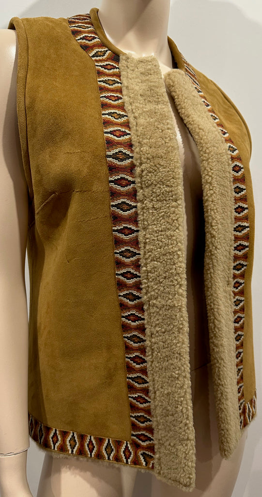 TALITHA Tan 100% Lamb Shearling Suede Aztec Trim Sleeveless Gilet Jacket UK10