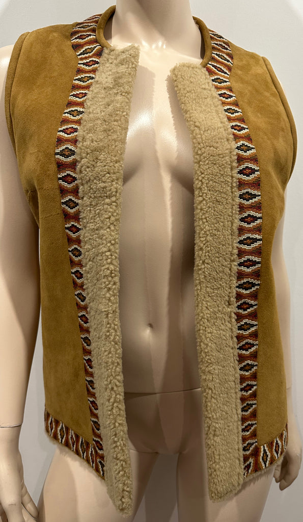 TALITHA Tan 100% Lamb Shearling Suede Aztec Trim Sleeveless Gilet Jacket UK10
