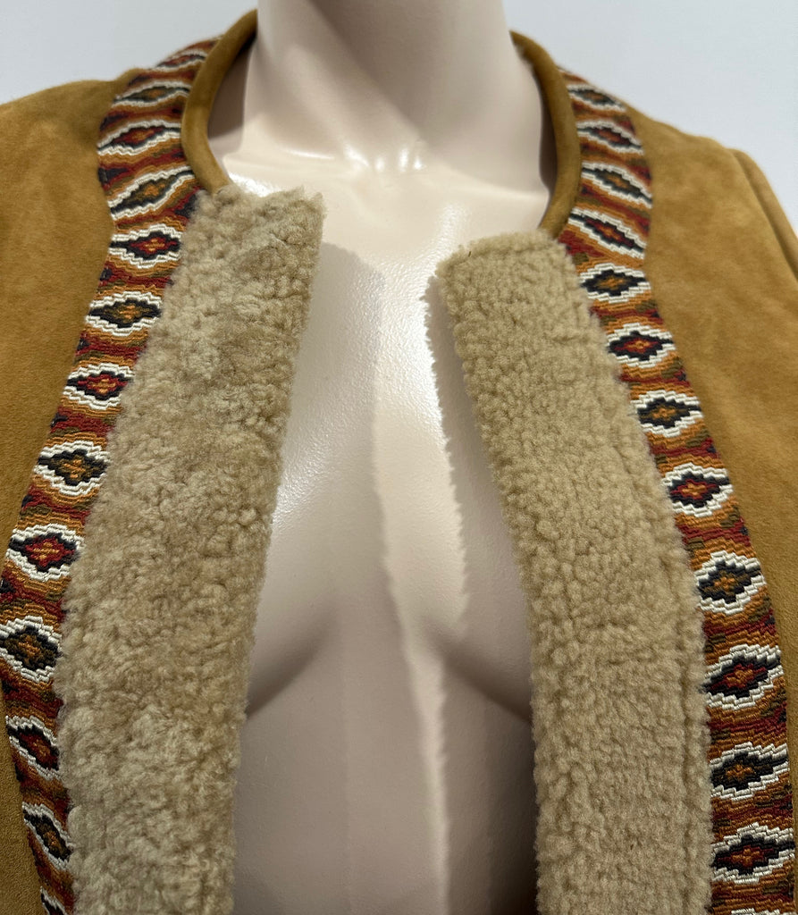 TALITHA Tan 100% Lamb Shearling Suede Aztec Trim Sleeveless Gilet Jacket UK10