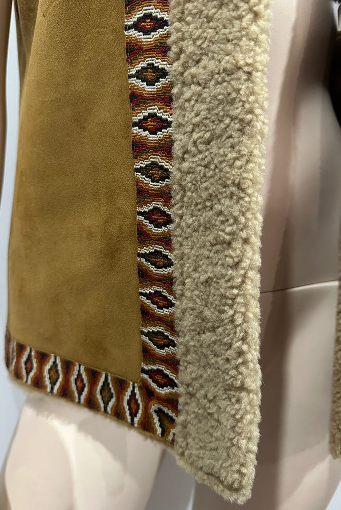 TALITHA Tan 100% Lamb Shearling Suede Aztec Trim Sleeveless Gilet Jacket UK10