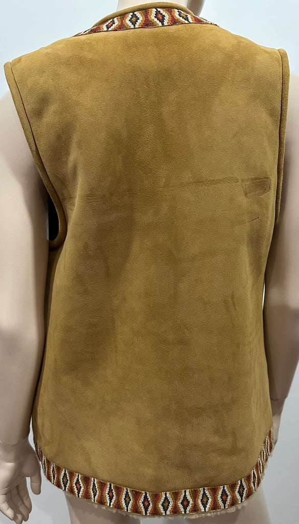 TALITHA Tan 100% Lamb Shearling Suede Aztec Trim Sleeveless Gilet Jacket UK10