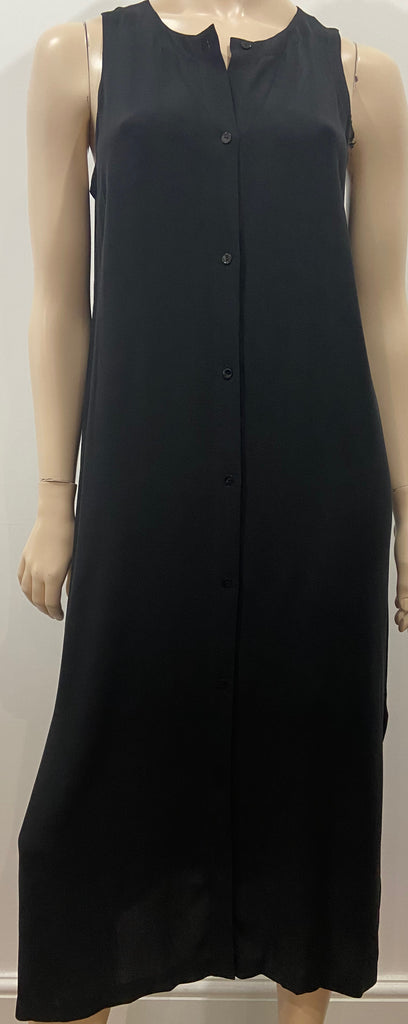 EILEEN FISHER Black Silk Round Neck Front Button Fastened Sleeveless Dress XS