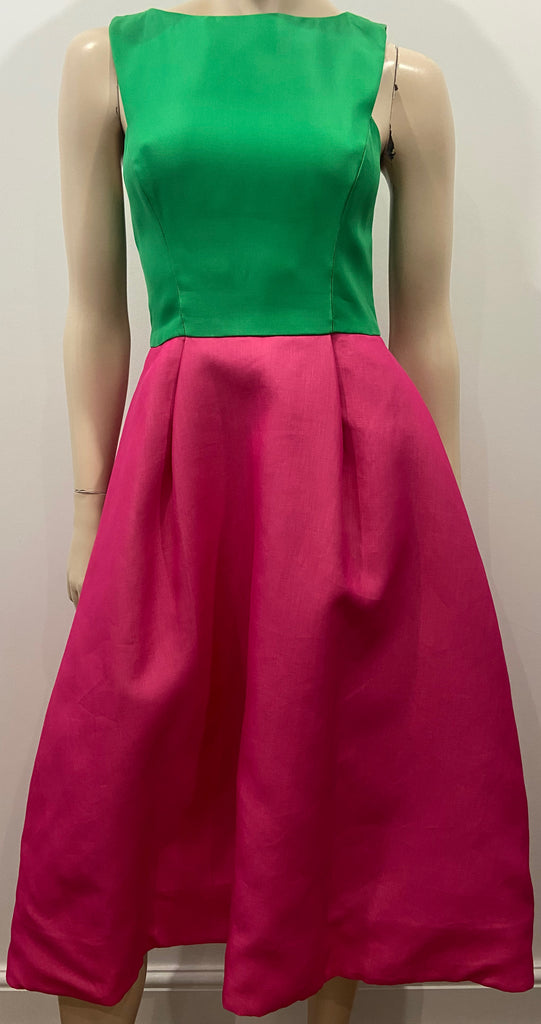 MONIQUE LHUILLIER Hot Pink & Green Silk Blend Sleeveless Evening Dress UK8