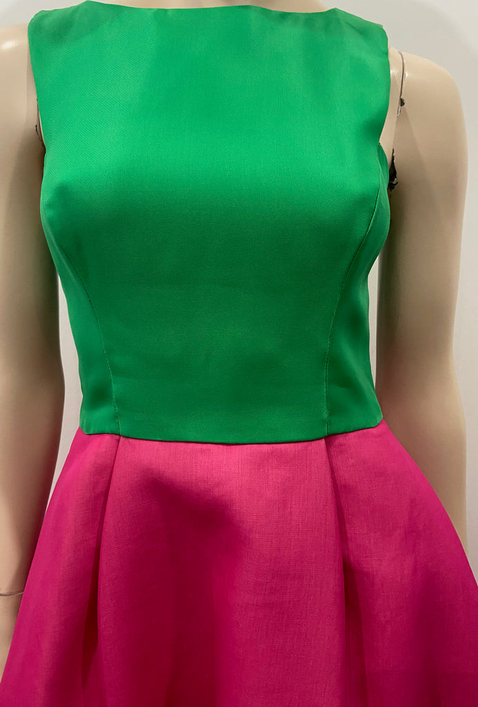 MONIQUE LHUILLIER Hot Pink & Green Silk Blend Sleeveless Evening Dress UK8