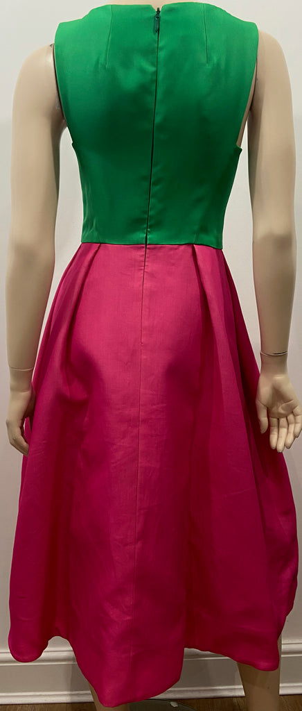 MONIQUE LHUILLIER Hot Pink & Green Silk Blend Sleeveless Evening Dress UK8
