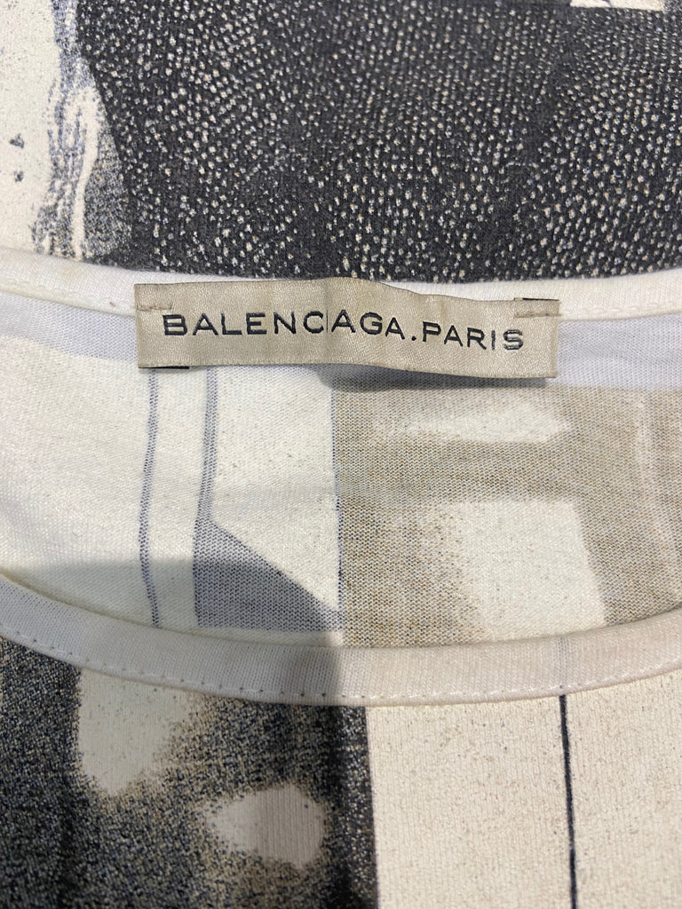 BALENCIAGA PARIS White Cream Grey Photographic Round Neck T-Shirt Tee Top 38