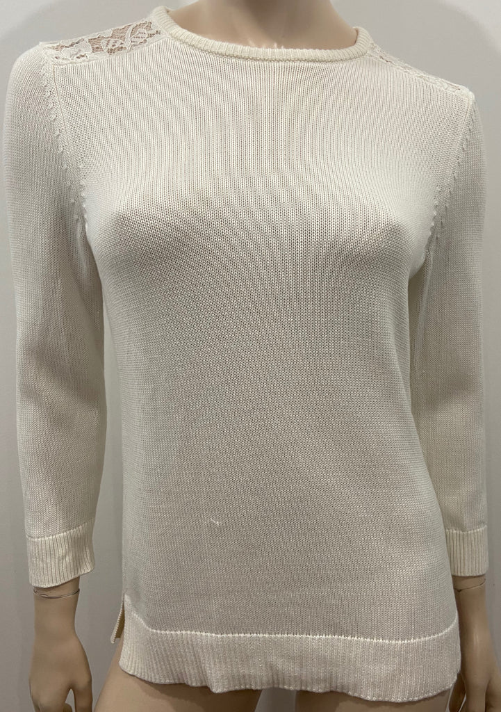 LAUREN RALPH LAUREN Winter White Cotton Lace Detail Jumper Sweater Top M
