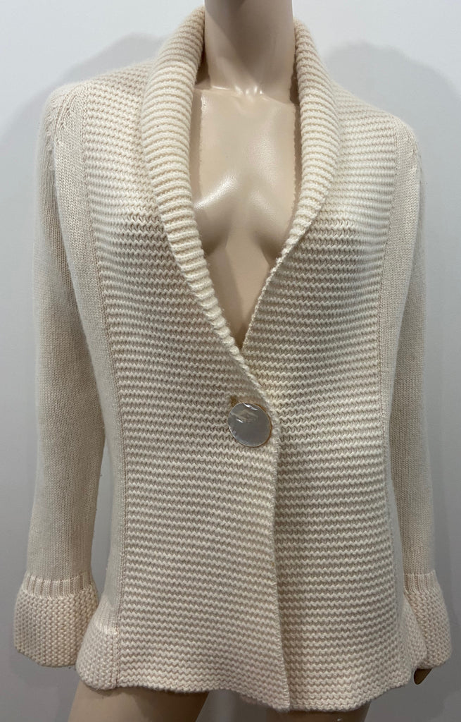 N.PEAL Cream Cashmere Chunky Knit Collared Plunge V Neck Long Sleeve Cardigan S