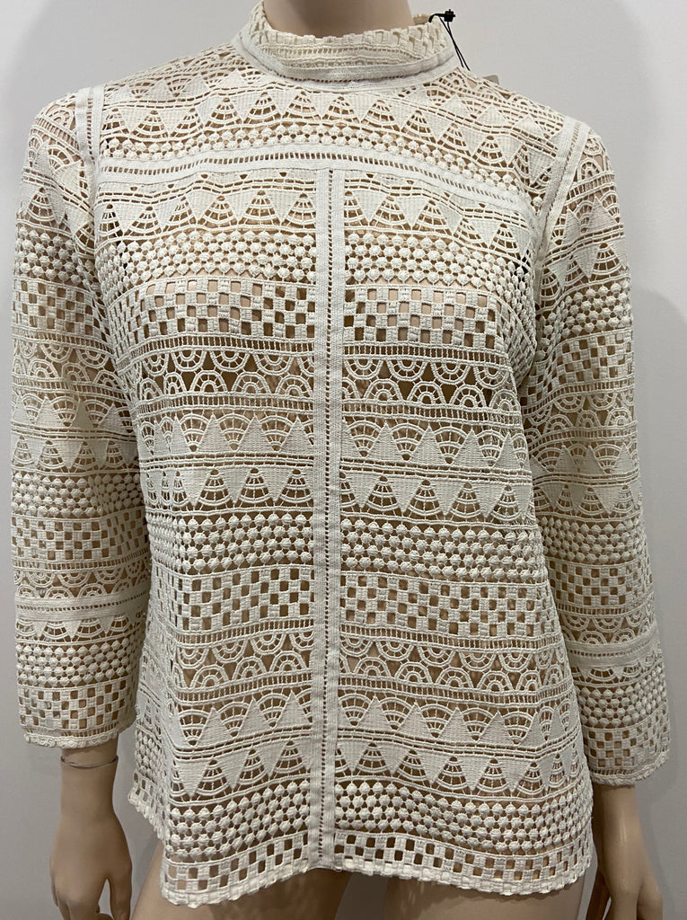 MNG SUIT Cream Crochet Knit High Neck 3/4 Sleeve Jumper Sweater Top L BNWT