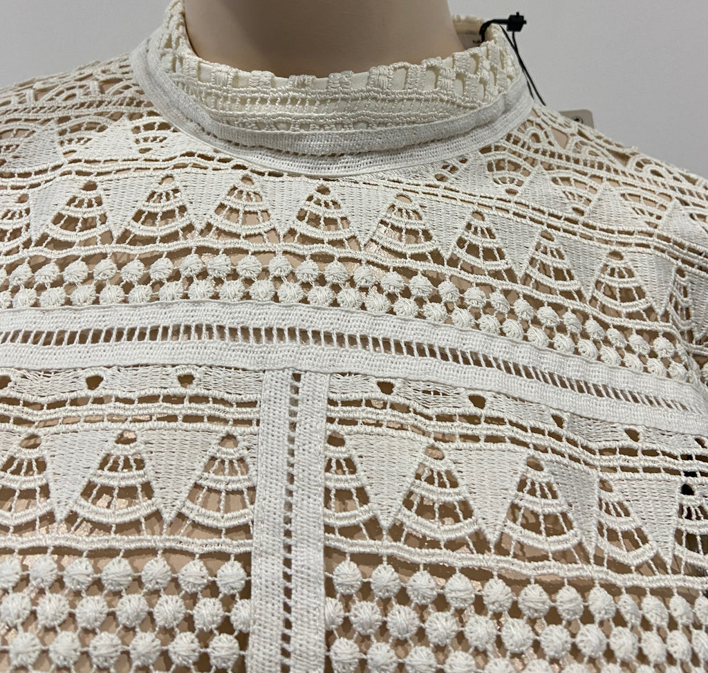 MNG SUIT Cream Crochet Knit High Neck 3/4 Sleeve Jumper Sweater Top L BNWT