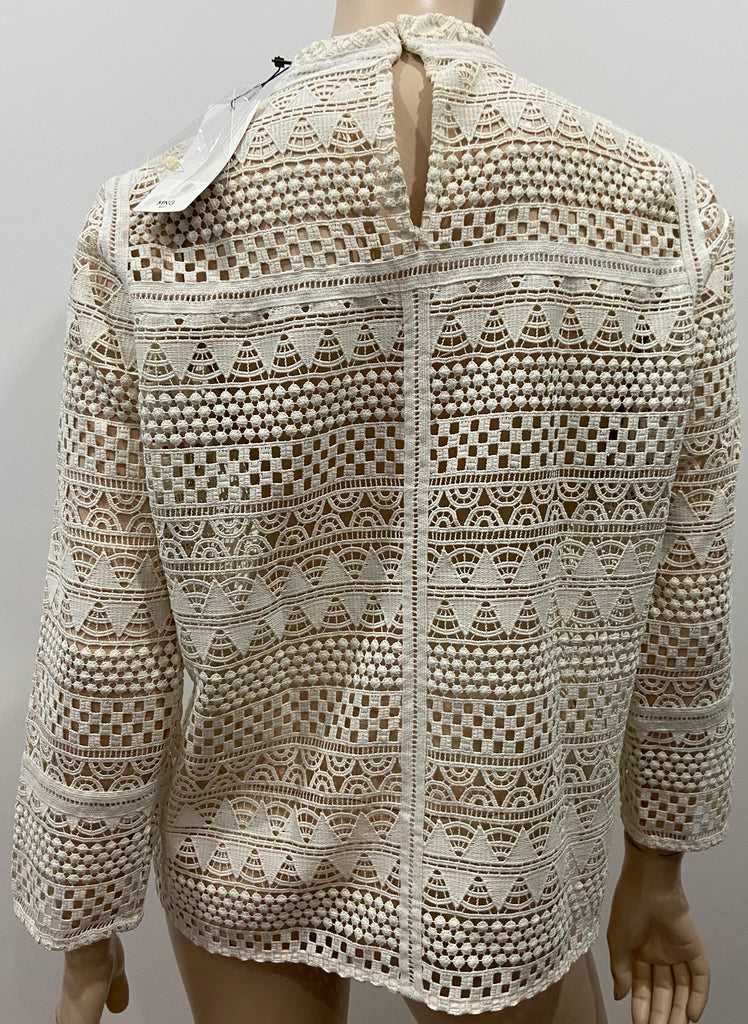 MNG SUIT Cream Crochet Knit High Neck 3/4 Sleeve Jumper Sweater Top L BNWT