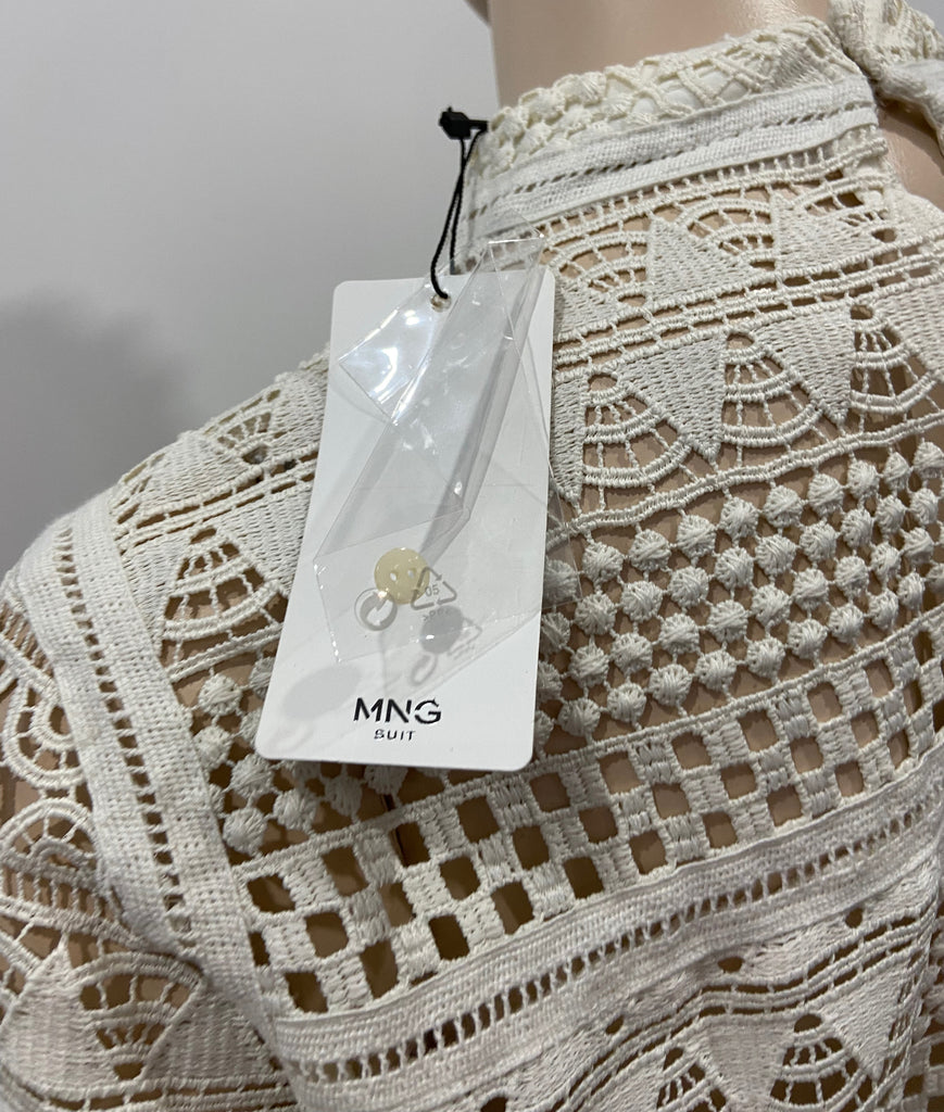 MNG SUIT Cream Crochet Knit High Neck 3/4 Sleeve Jumper Sweater Top L BNWT