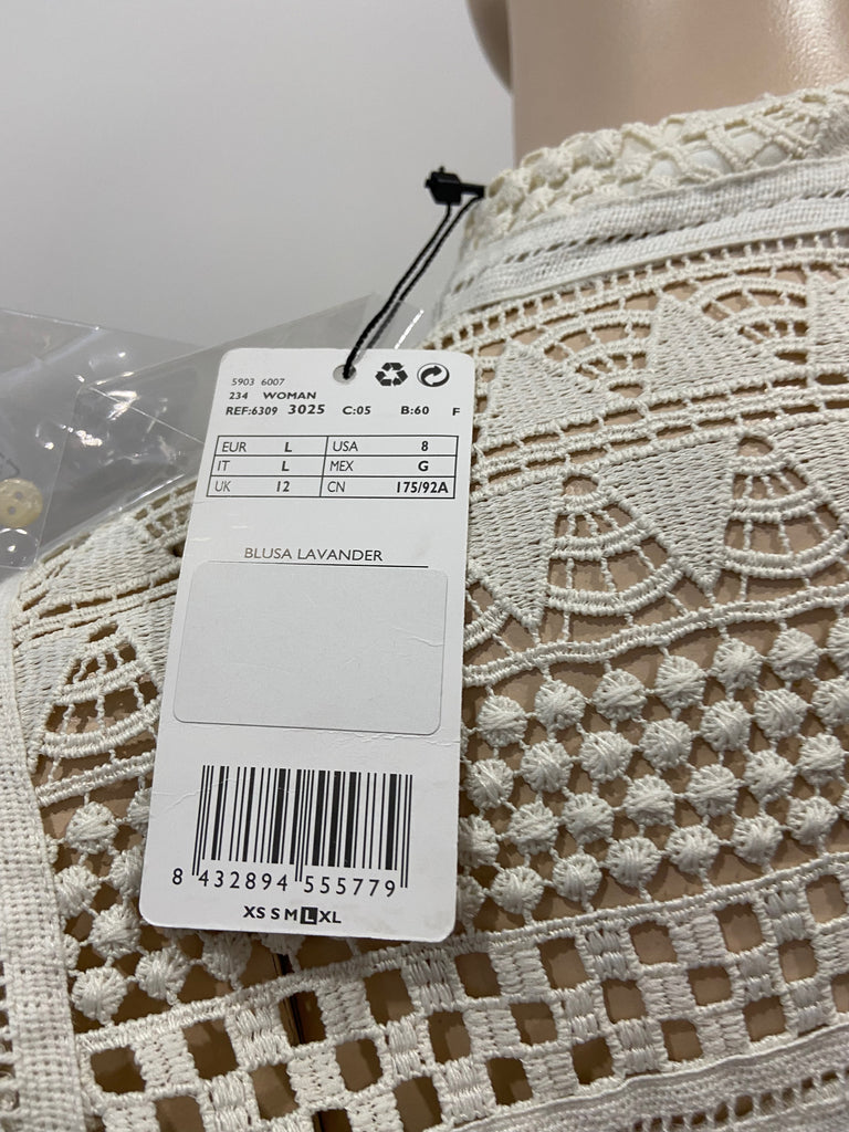 MNG SUIT Cream Crochet Knit High Neck 3/4 Sleeve Jumper Sweater Top L BNWT