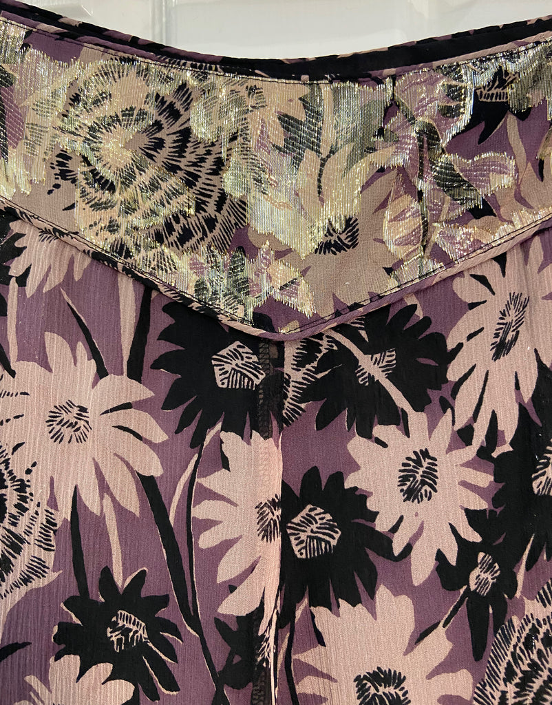 ANNA SUI Purple Pink Black Gold Wide Leg Flare Floral Print Trousers Pants UK12