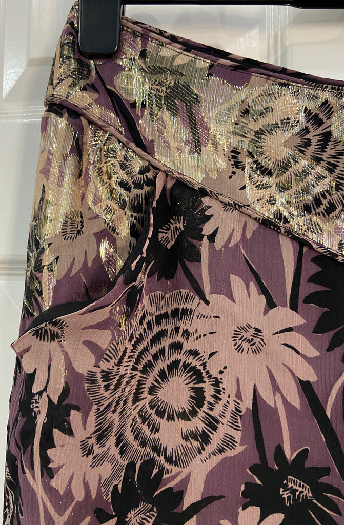 ANNA SUI Purple Pink Black Gold Wide Leg Flare Floral Print Trousers Pants UK12