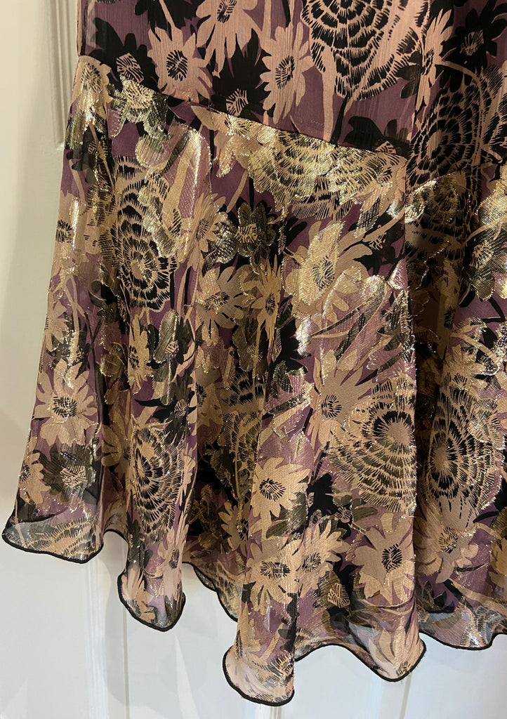 ANNA SUI Purple Pink Black Gold Wide Leg Flare Floral Print Trousers Pants UK12