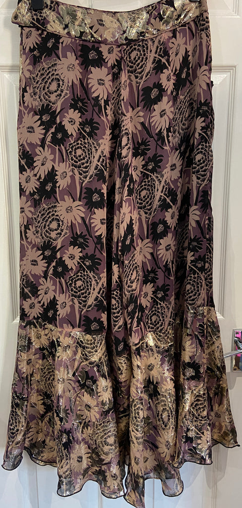 ANNA SUI Purple Pink Black Gold Wide Leg Flare Floral Print Trousers Pants UK12
