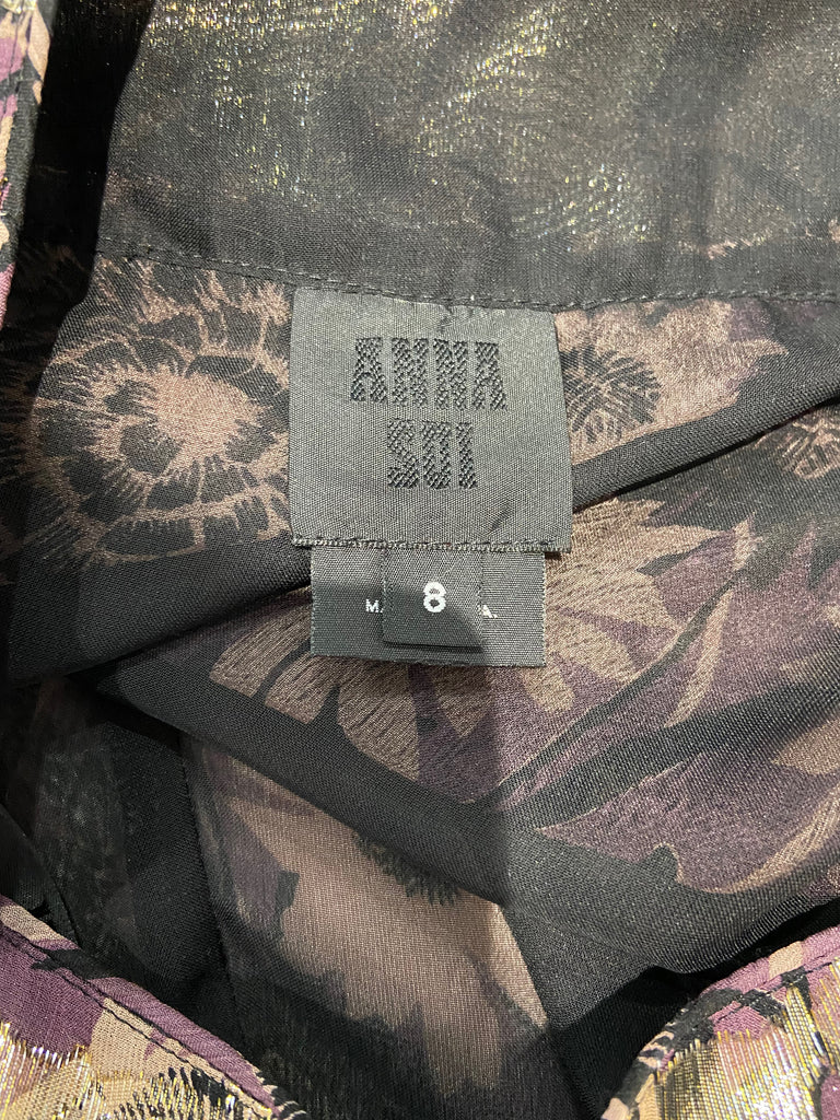 ANNA SUI Purple Pink Black Gold Wide Leg Flare Floral Print Trousers Pants UK12