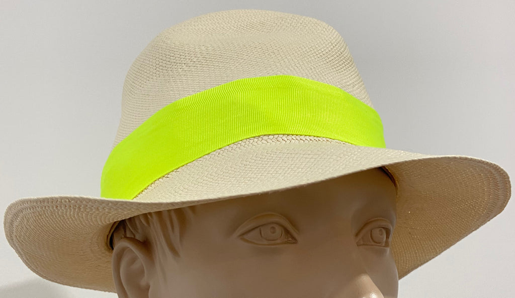 SENSAI STUDIO Cream Beige Genuine PANAMA Neon Green Trim Beach Sun Hat BNWT
