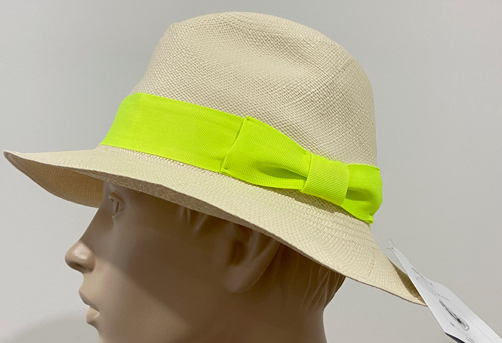 SENSAI STUDIO Cream Beige Genuine PANAMA Neon Green Trim Beach Sun Hat BNWT