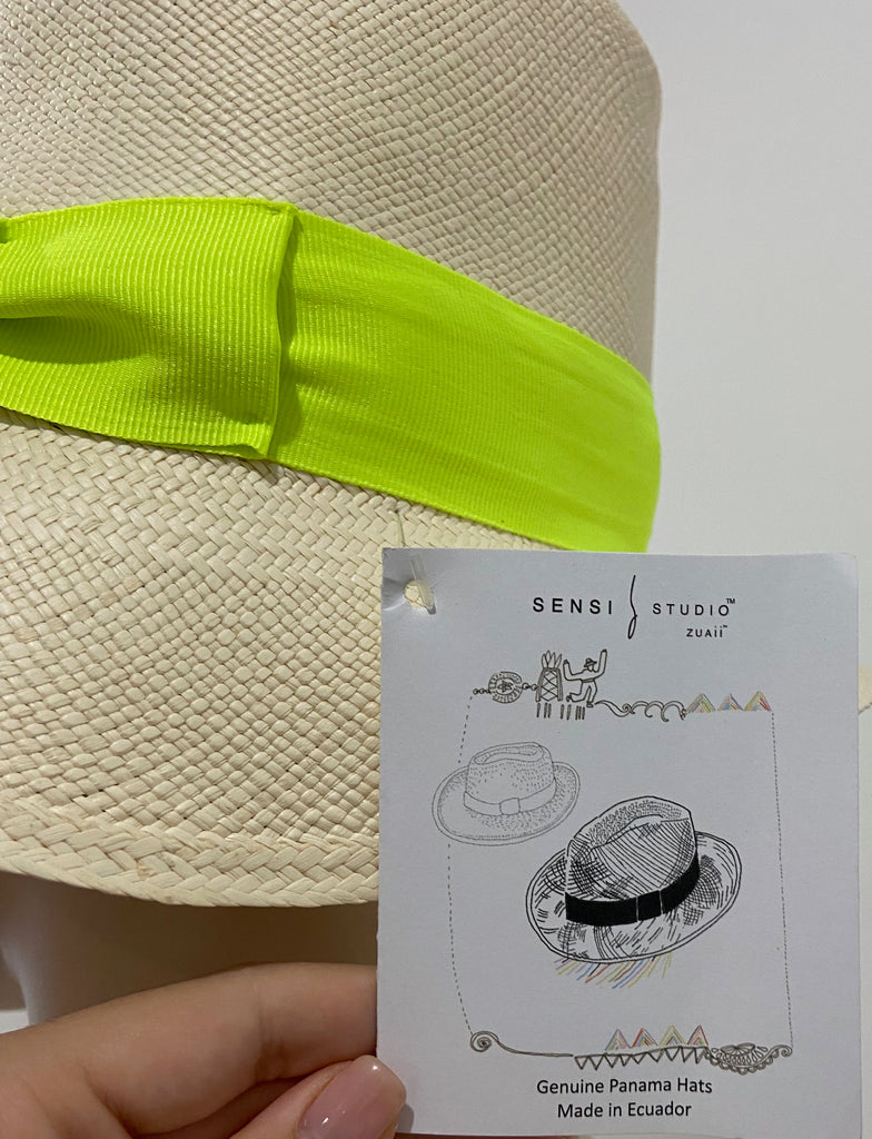 SENSAI STUDIO Cream Beige Genuine PANAMA Neon Green Trim Beach Sun Hat BNWT
