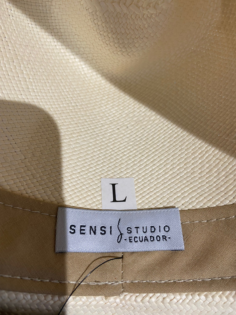 SENSAI STUDIO Cream Beige Genuine PANAMA Neon Green Trim Beach Sun Hat BNWT