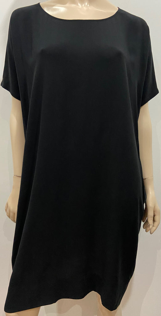 EILEEN FISHER Black 100% Silk Round Neck Short Sleeve Tunic Smock Dress XS