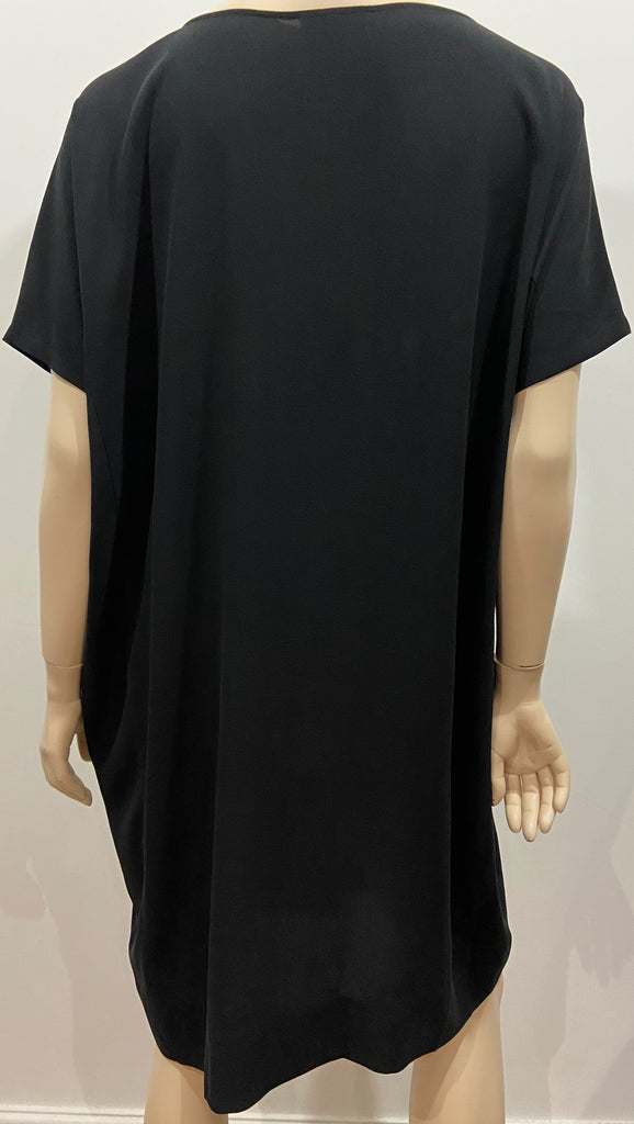 EILEEN FISHER Black 100% Silk Round Neck Short Sleeve Tunic Smock Dress XS