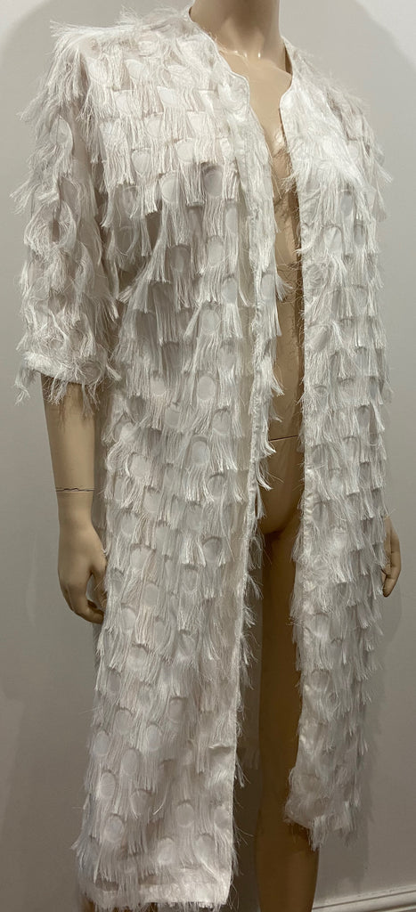 JOVONNA LONDON White Open Front Fringed & Sheer Detail Lightweight Jacket S