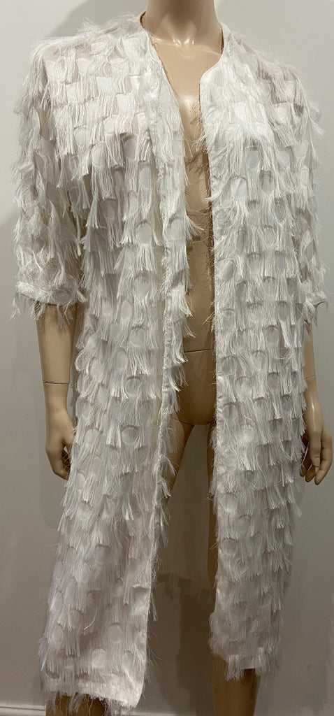 JOVONNA LONDON White Open Front Fringed & Sheer Detail Lightweight Jacket S