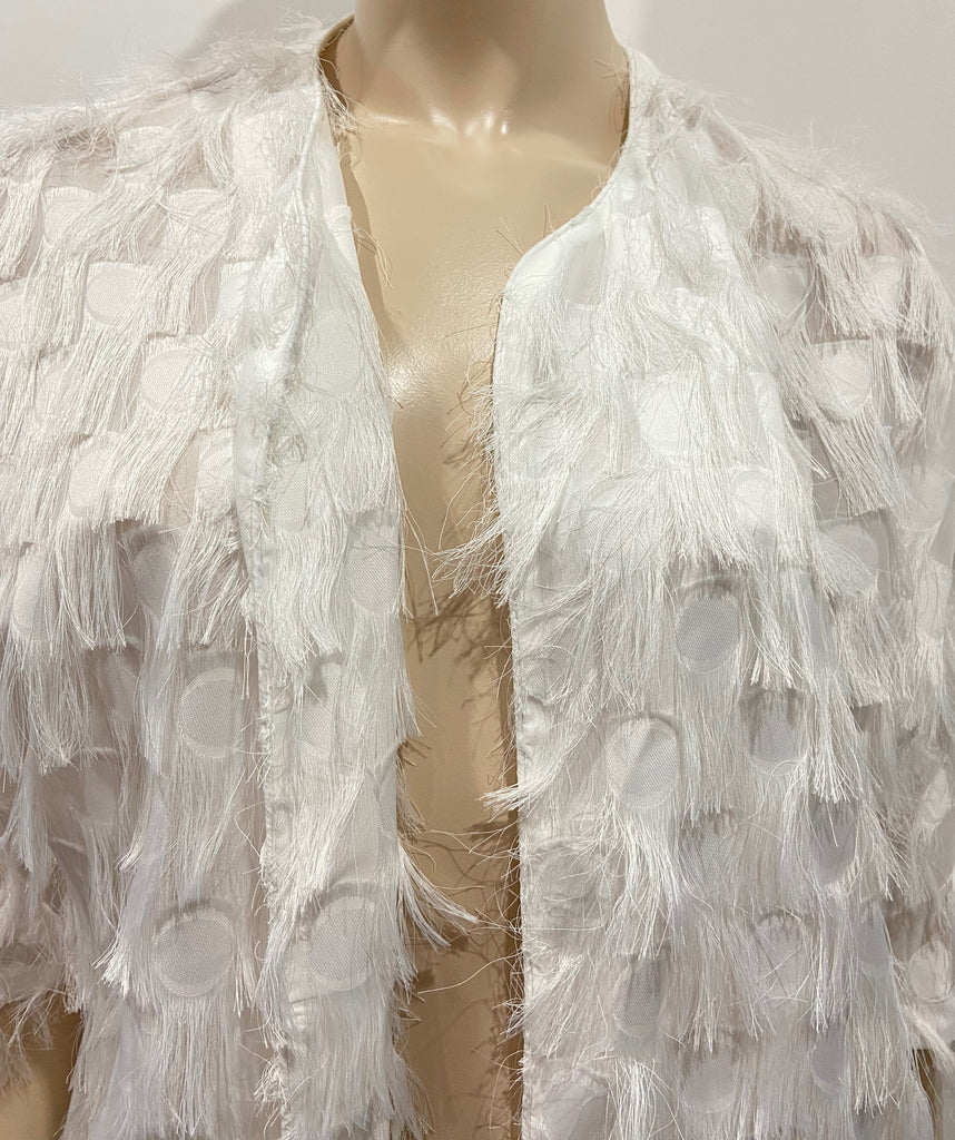 JOVONNA LONDON White Open Front Fringed & Sheer Detail Lightweight Jacket S