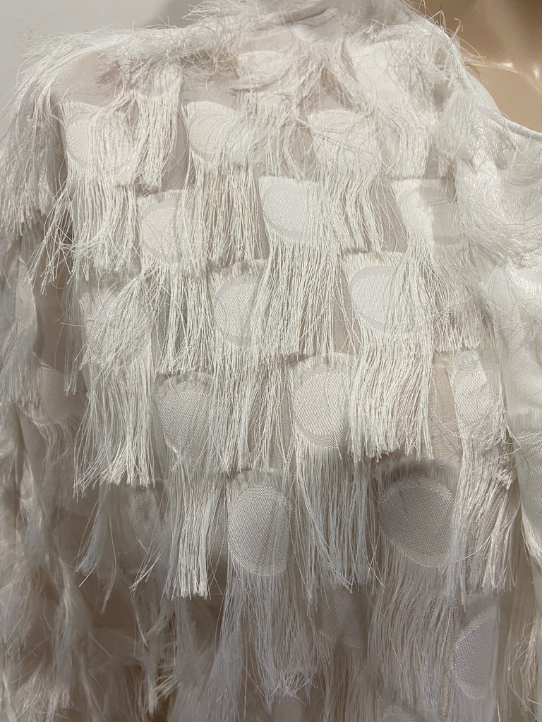 JOVONNA LONDON White Open Front Fringed & Sheer Detail Lightweight Jacket S