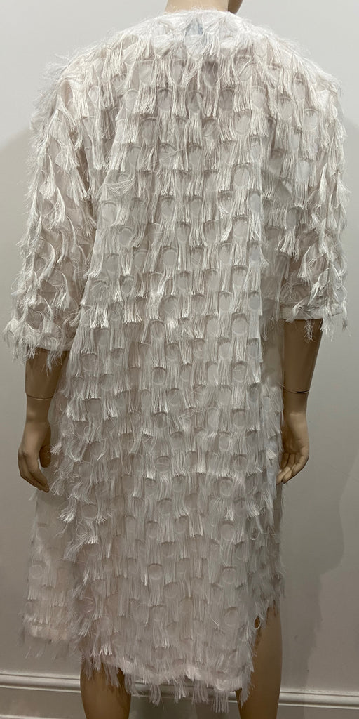 JOVONNA LONDON White Open Front Fringed & Sheer Detail Lightweight Jacket S