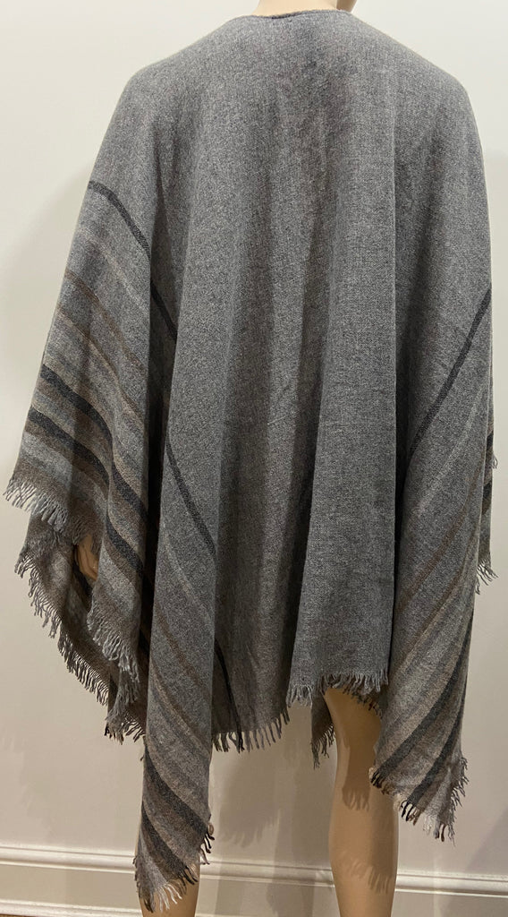 EILEEN FISHER Grey Brown Multi Colour Wool Blend Fringed Wrap Shawl Cape 1 Size