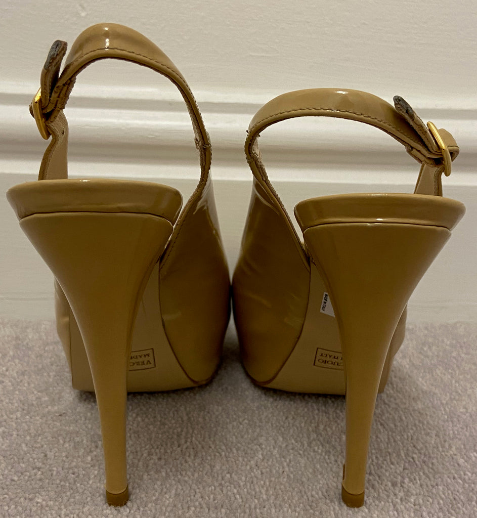 DANIEL Nude Beige Patent Leather Peep Toe Sling Back Platform Sandals Shoes EU38