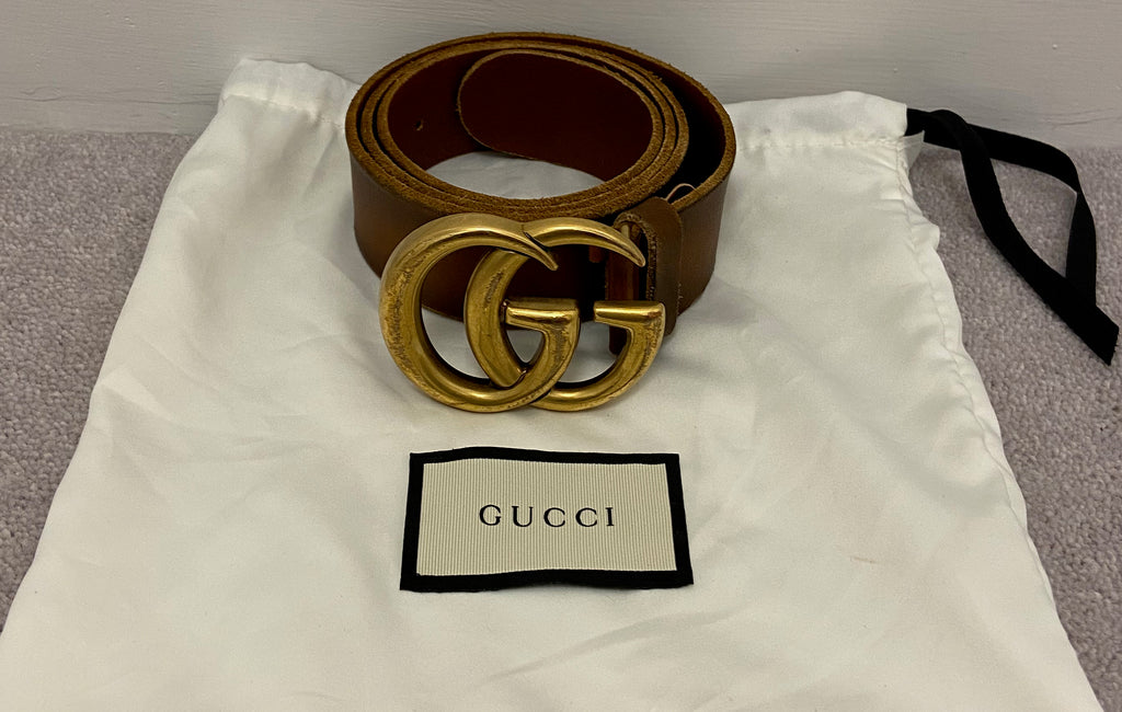 GUCCI Tan Brown Leather Large Brass Tone GG Circular Buckle Belt With Dust Bag