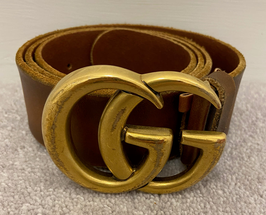 GUCCI Tan Brown Leather Large Brass Tone GG Circular Buckle Belt With Dust Bag