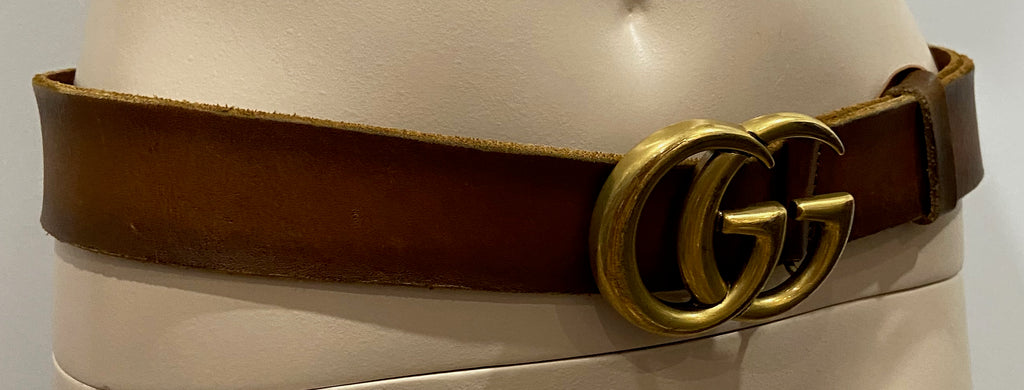 GUCCI Tan Brown Leather Large Brass Tone GG Circular Buckle Belt With Dust Bag