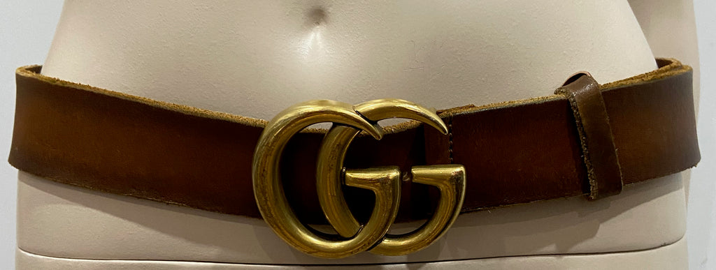 GUCCI Tan Brown Leather Large Brass Tone GG Circular Buckle Belt With Dust Bag