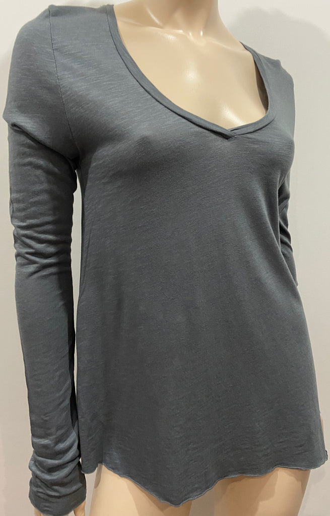 AMERICAN VINTAGE Charcoal Grey Cotton Blend V Neck Long Sleeve Tee T-Shirt Top S