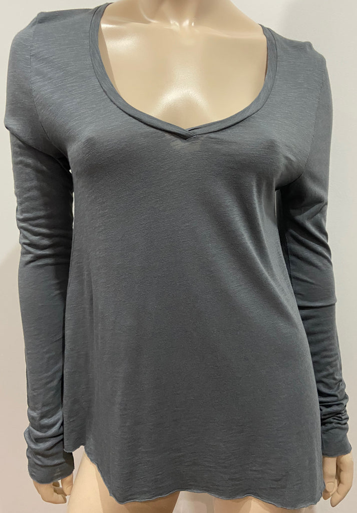 AMERICAN VINTAGE Charcoal Grey Cotton Blend V Neck Long Sleeve Tee T-Shirt Top S