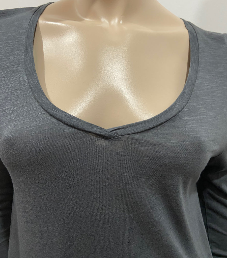 AMERICAN VINTAGE Charcoal Grey Cotton Blend V Neck Long Sleeve Tee T-Shirt Top S