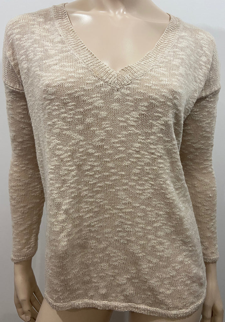 JOIE Beige Cotton Linen Blend V Neck Long Sleeve Knitwear Jumper Sweater Top XS