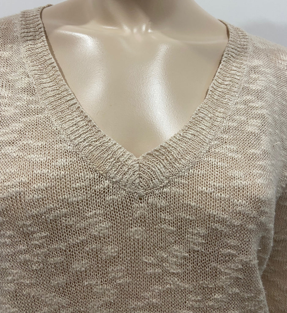 JOIE Beige Cotton Linen Blend V Neck Long Sleeve Knitwear Jumper Sweater Top XS