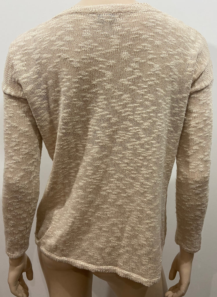 JOIE Beige Cotton Linen Blend V Neck Long Sleeve Knitwear Jumper Sweater Top XS