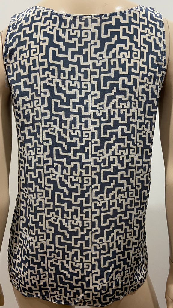 AMERICAN VINTAGE Blue & Cream 100% Silk Geometric Print Vest Tank Blouse Top S